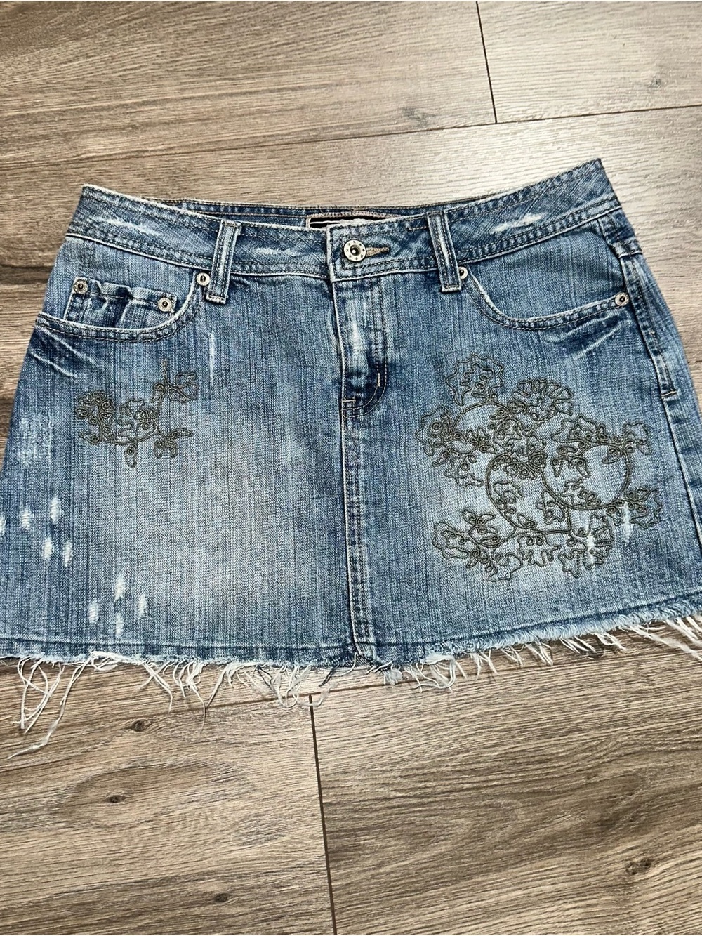 R4R Mini Skirt Distressed Denim Mini Skirt with Embroidery VTG YTK